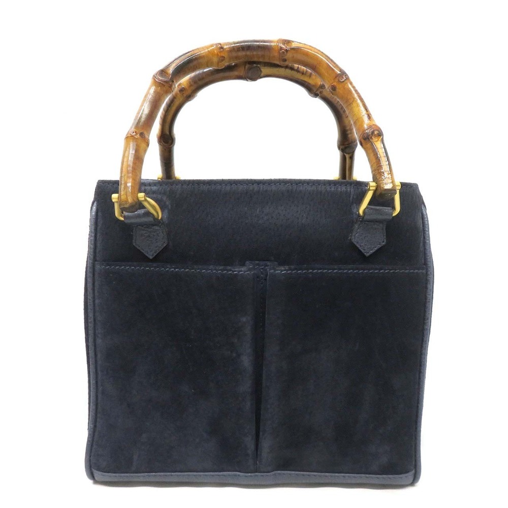Gucci Bamboo Bag Handbag Shoulder Suede Leather Navy Blue